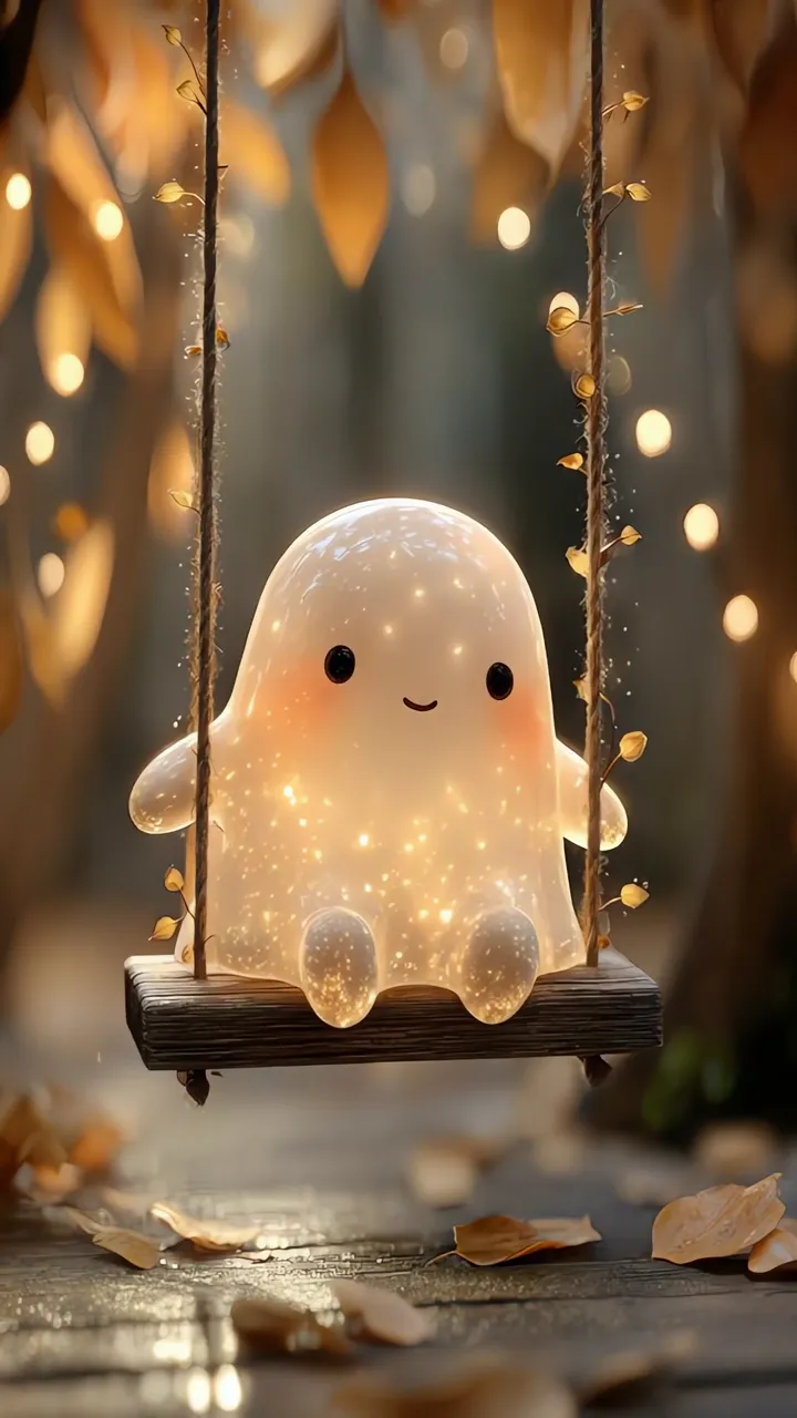 Cute Friendly Ghost Dancing On Swing In Autumn Forest