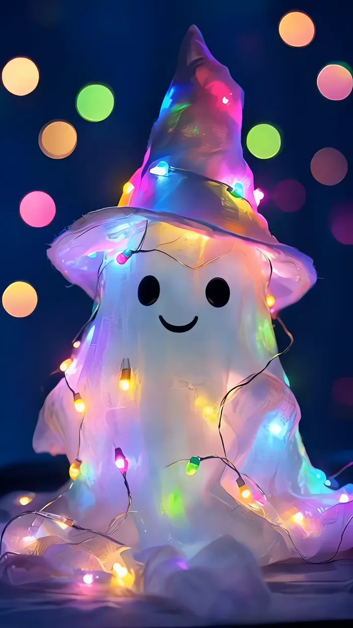 Cute Ghost With Rainbow Lights And Wizard Hat Halloween