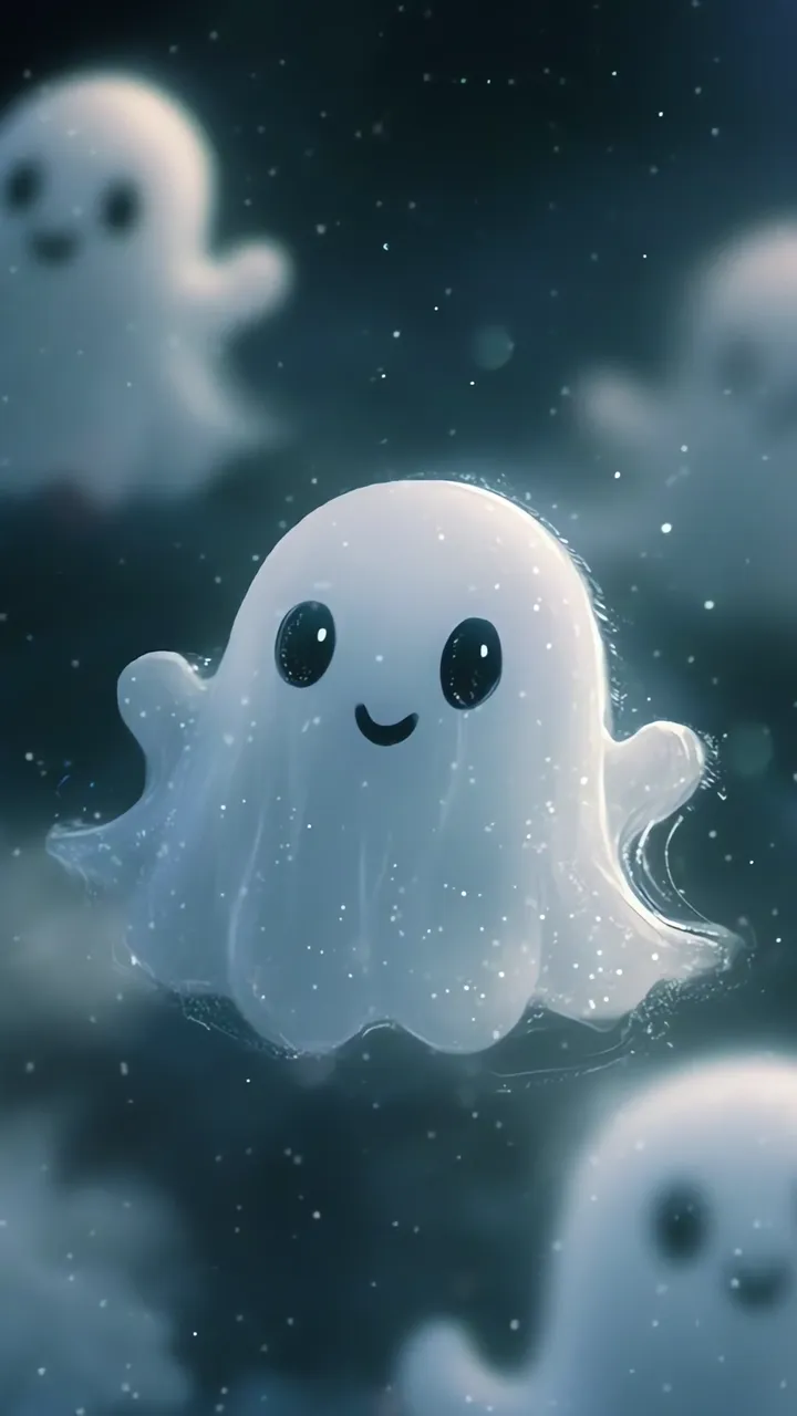 Cute Floating Ghosts With Sparkle Effect In Dark Blue Sky