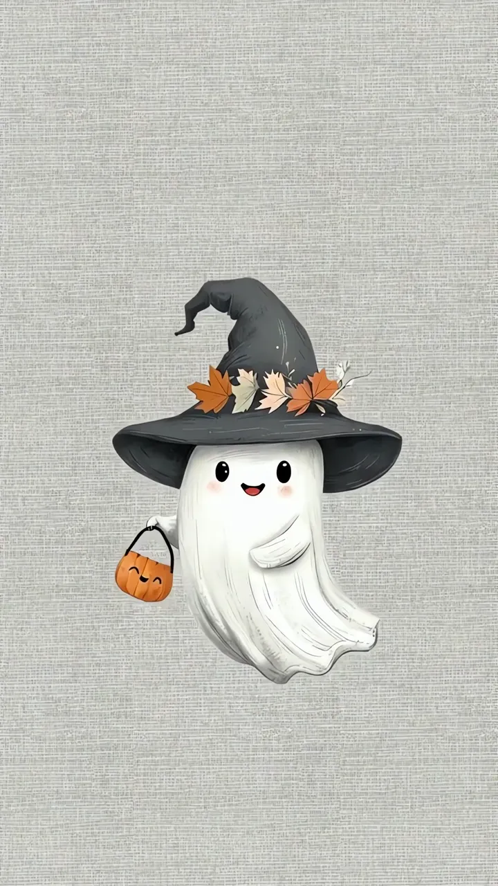 Cute Ghost With Pumpkin Bucket And Witch Hat Halloween
