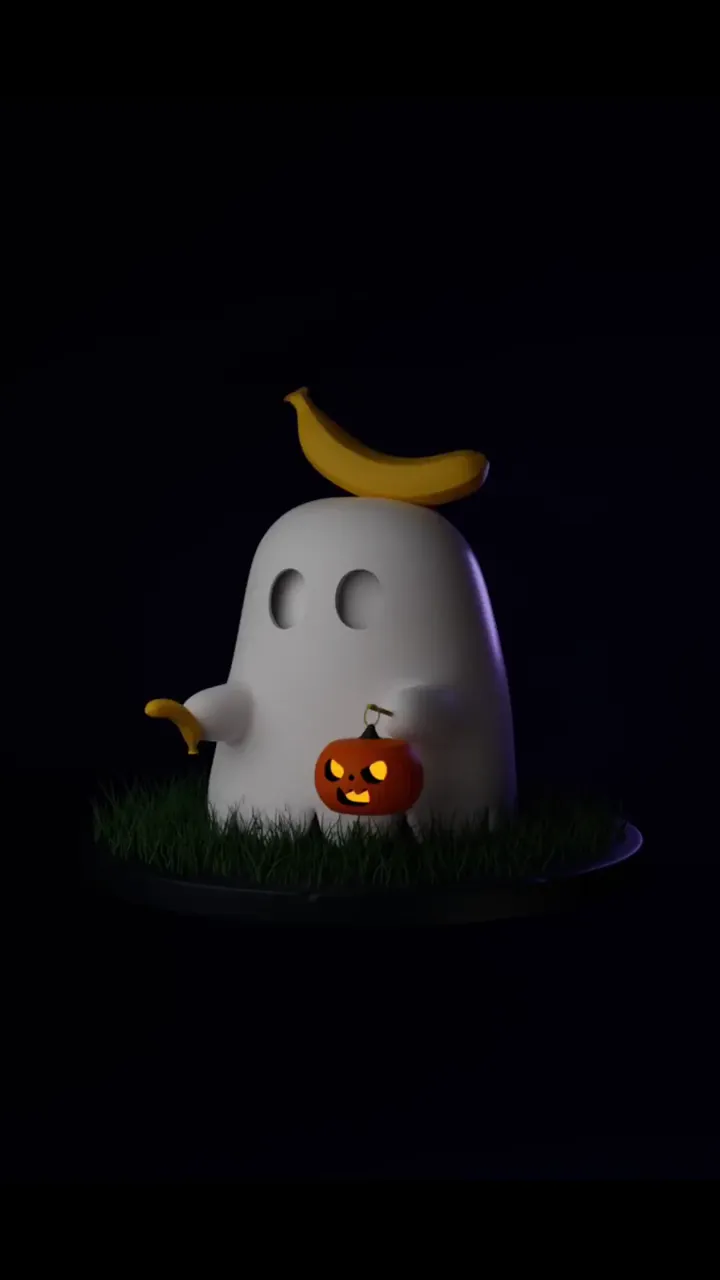 Cute 3D Ghost Holding Pumpkin With Banana Halloween