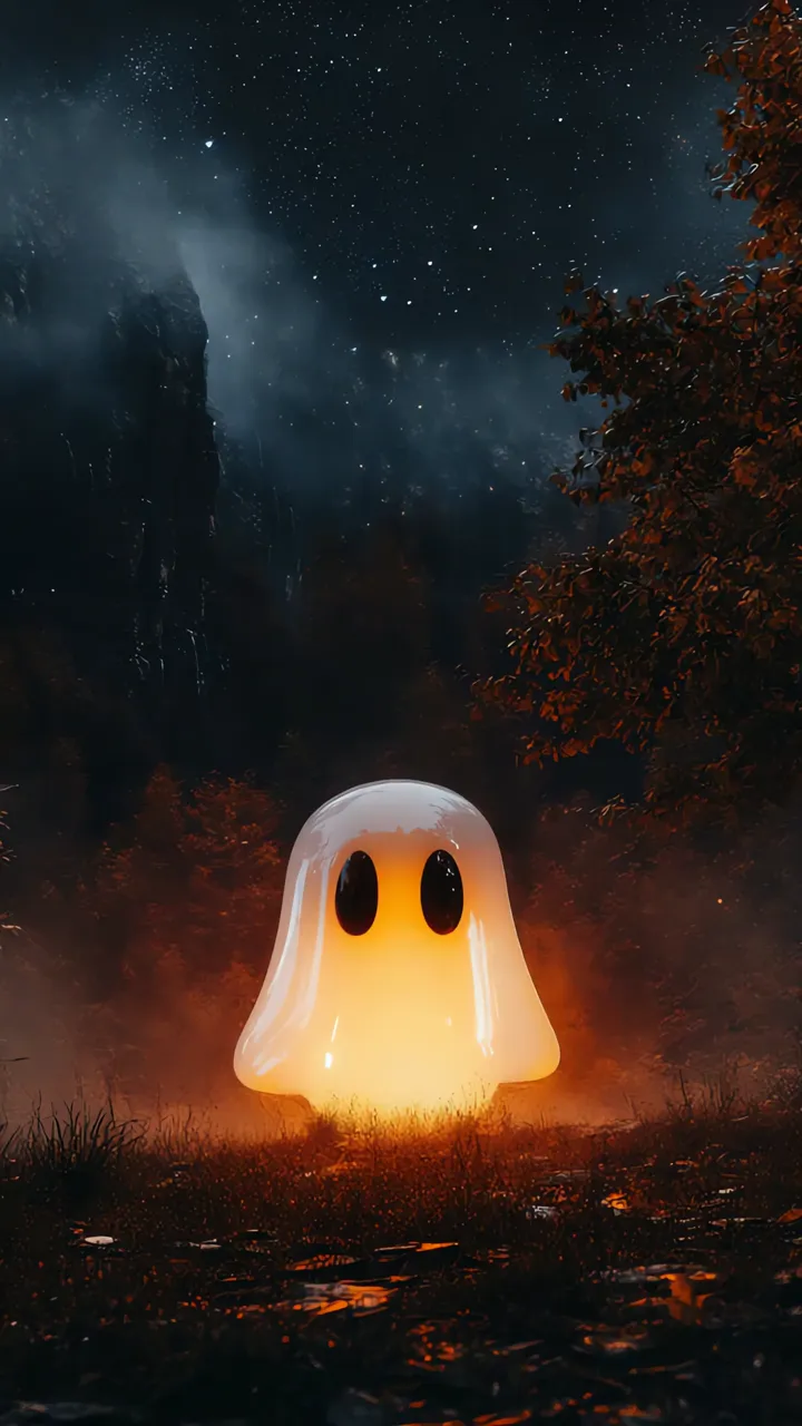 Cute Glowing Ghost In Forest Night Scene