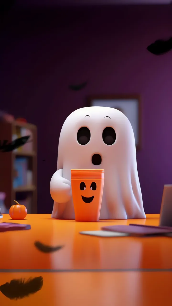 Cute Ghost Holding Pumpkin Cup Halloween Live Wallpaper