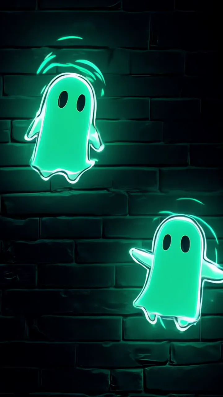 Glowing Green Ghosts Floating Against Dark Brick Wall Halloween