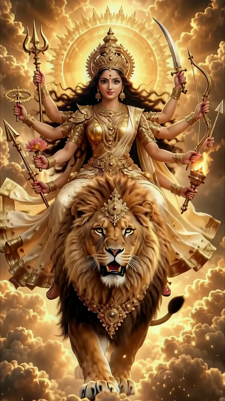 Durga Riding Lion With Trishul And Bow