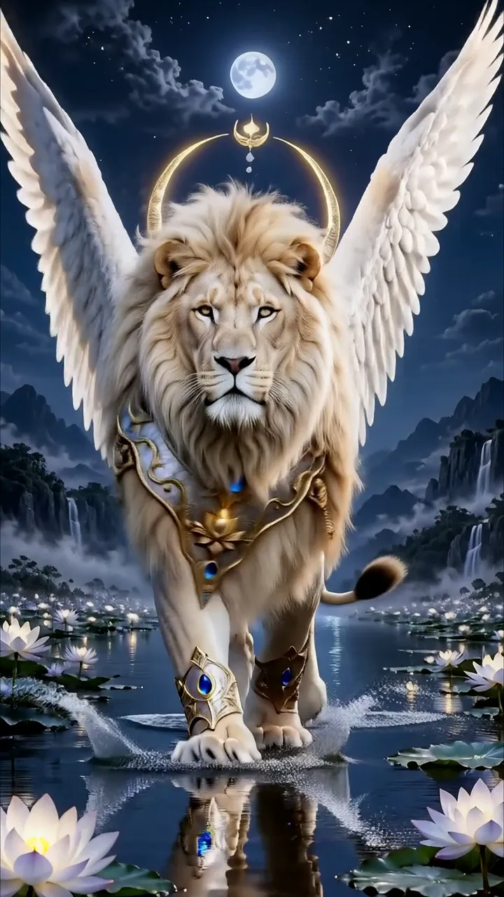 White Winged Lion With Golden Halo Moonlit Lotus Scene