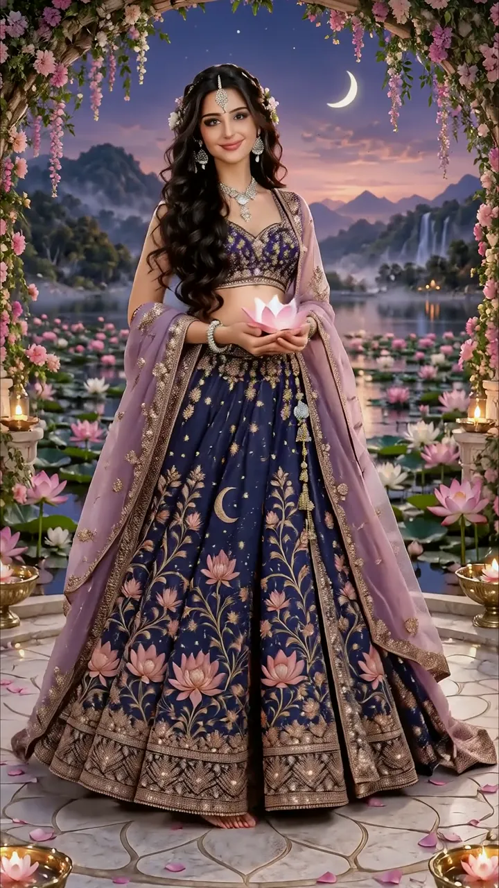 Elegant Indian Bride With Lotus And Moon Lehar