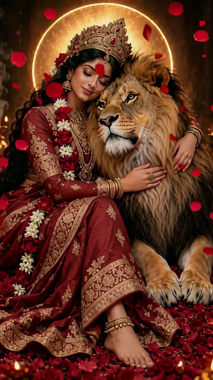 Durga Devi With Lion In Red Rose Garden