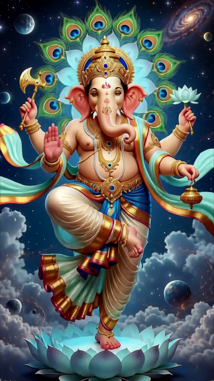 Ganesha Cosmic Peacock Aura With Galaxy Background