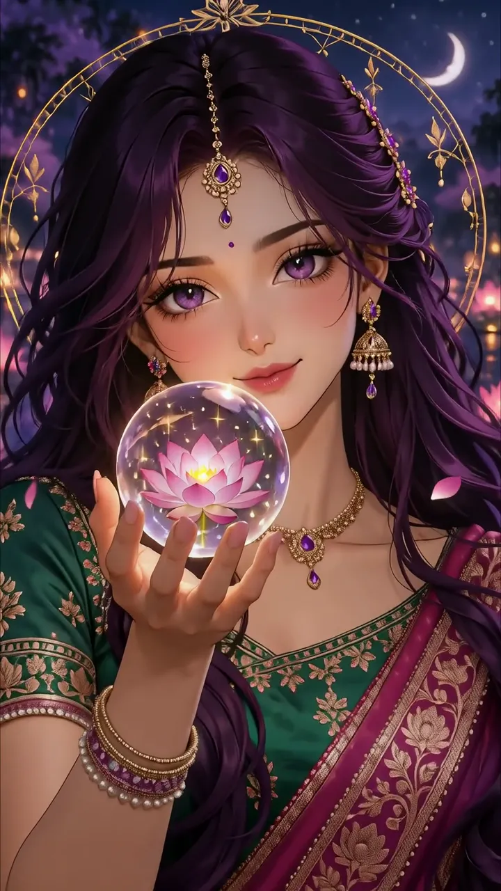 Purple Haired Goddess Holding Lotus In Crystal Ball