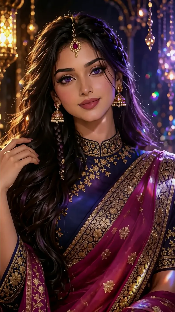 Elegant Indian Woman In Purple Sari With Gold Embroidery