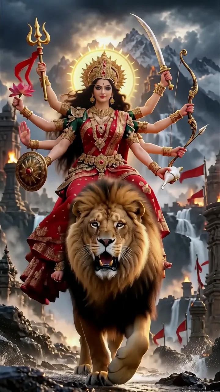 Durga Riding Lion With Trishul And Bow