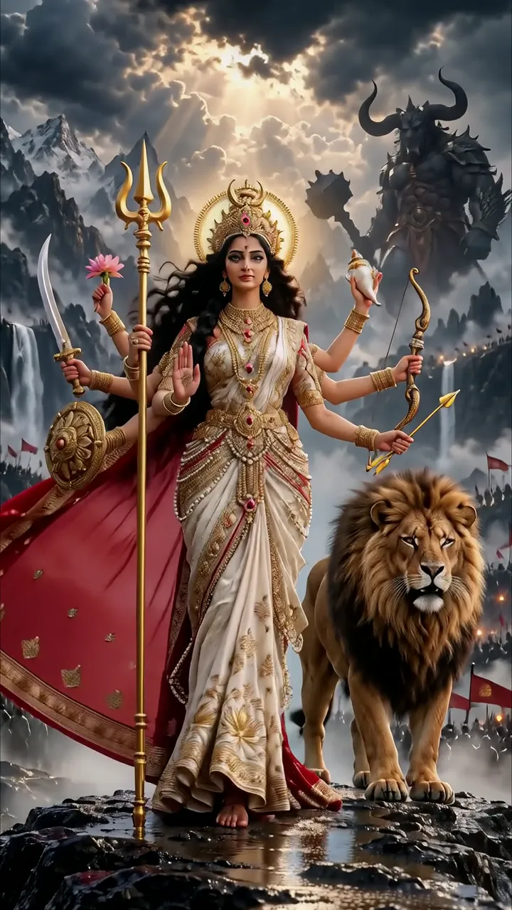 Durga Devi With Lion And Trishul Standing On Mountain Peak