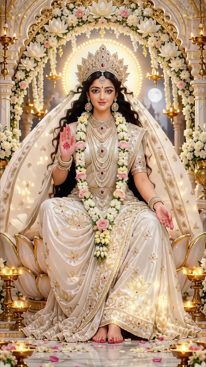Goddess Lakshmi Divine Wealth Blessing With Lotus And Candles
