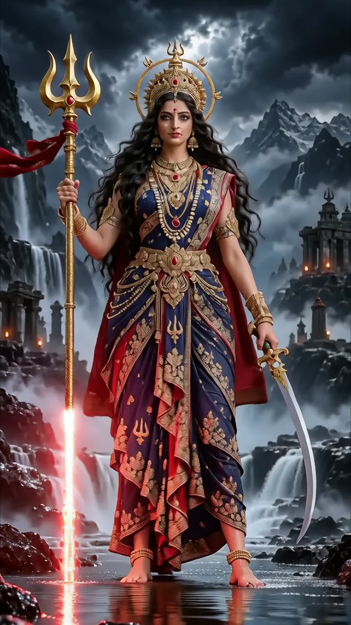 Durga Devi With Trishul And Sword In Mountain Temple Scene