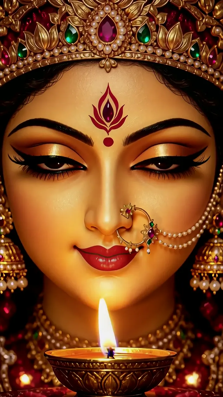 Goddess Durga Divine Face With Sacred Diya And Royal Crown
