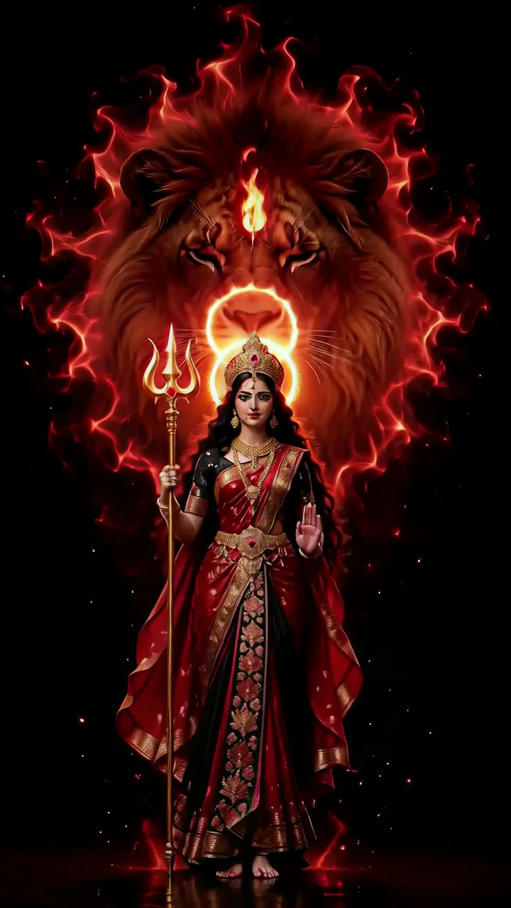 Powerful Durga Devi With Lion And Trishul Red Glow