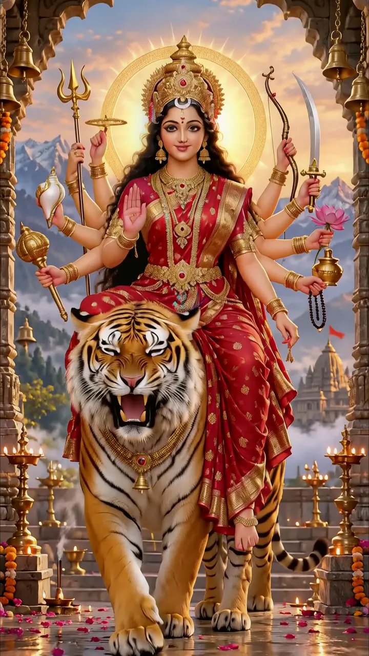 Durga Riding Royal Tiger With Divine Weapons And Red Aura