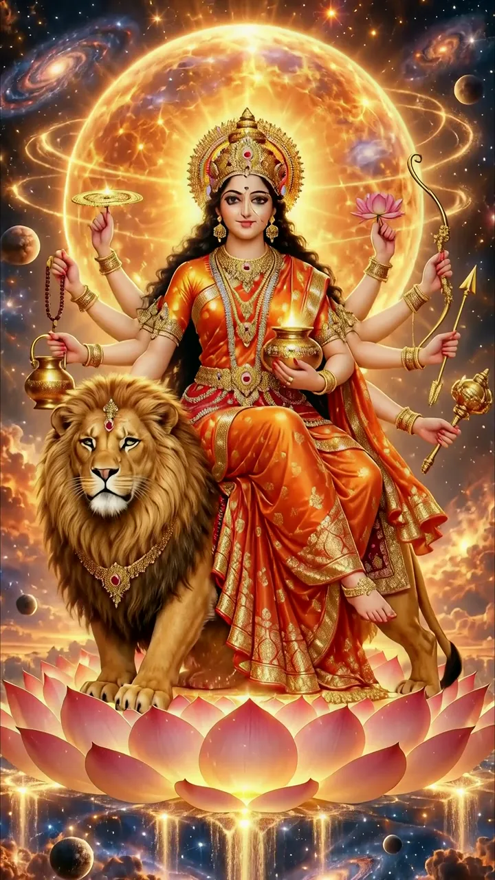 Durga Devi With Lion And Cosmic Lotus Throne
