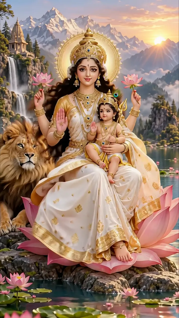Durga Devi With Child Sitting On Lotus Amid Mountains And Lion