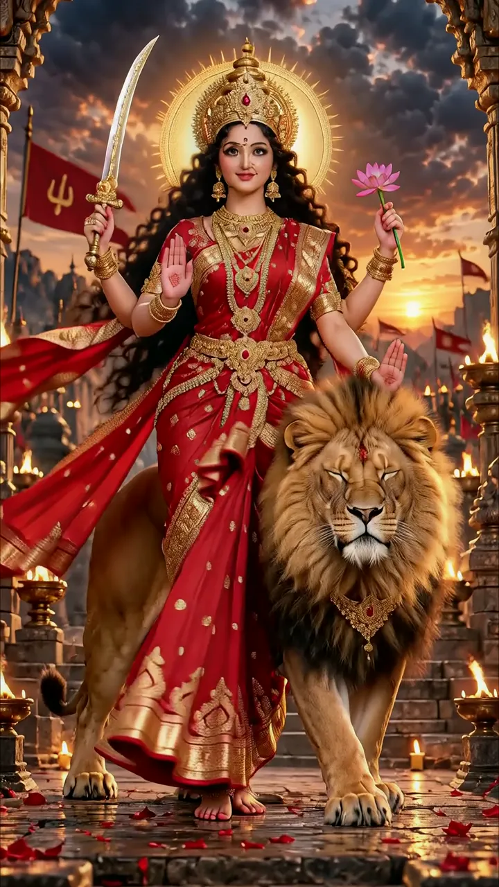 Durga Devi Riding Lion With Sword And Lotus