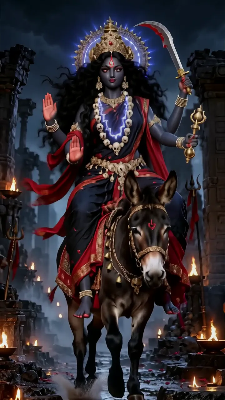 Kali Devi Riding Black Donkey With Blue Aura And Skull Necklace
