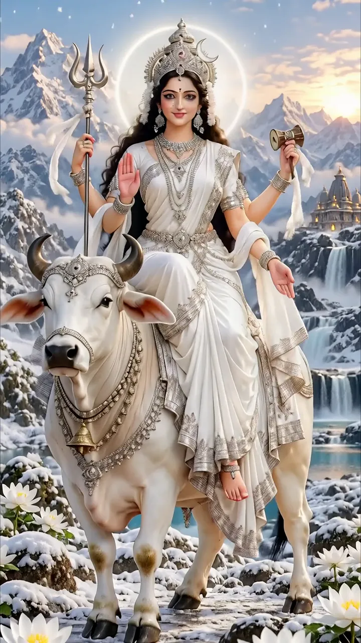 Goddess Parvati Riding White Bull In Snowy Mountain Temple Scene