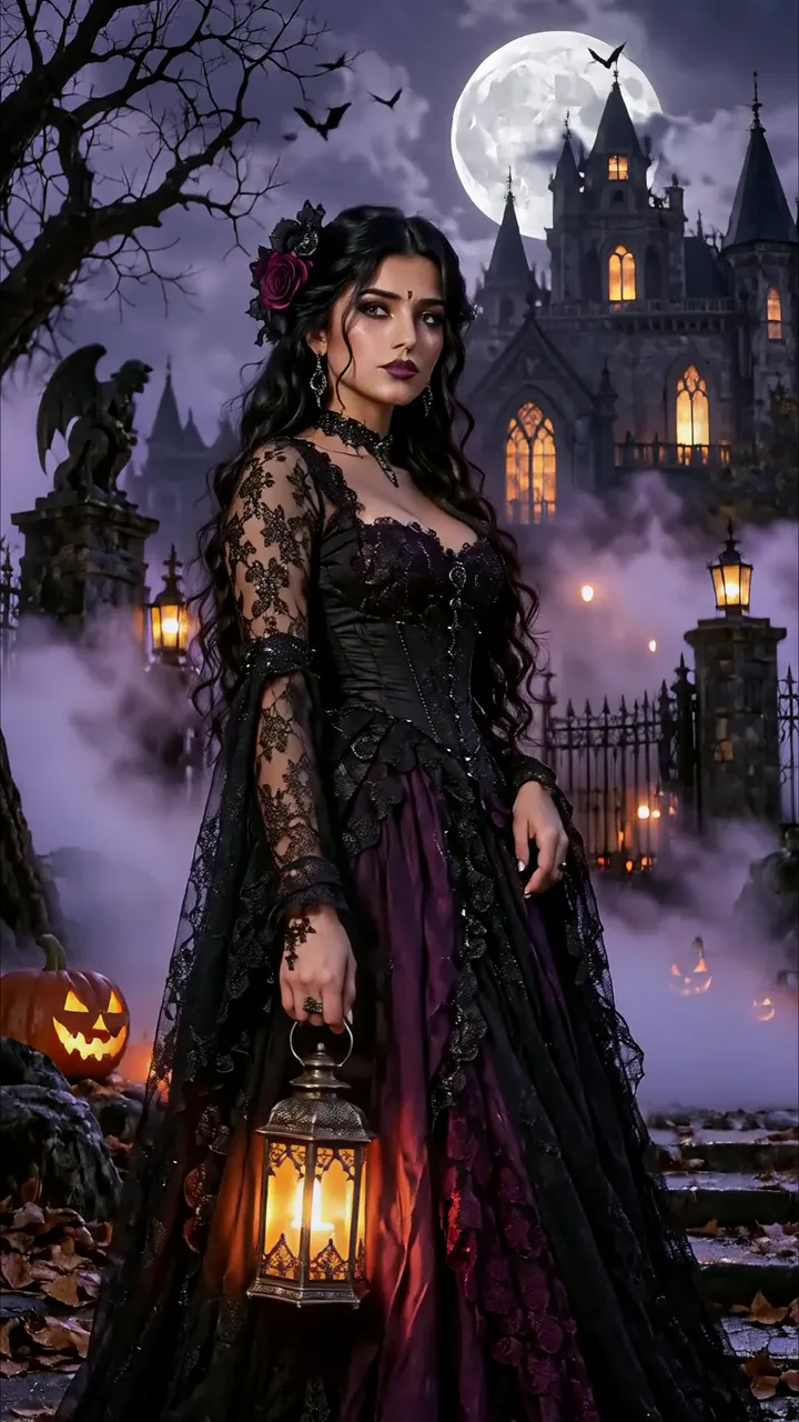 Gothic Vampire Lady With Lantern In Haunted Castle Halloween Scene