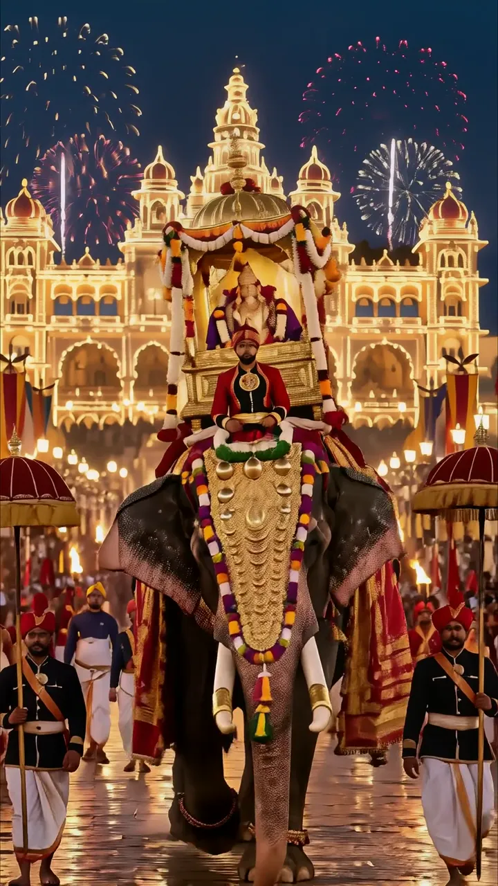 Royal Elephant Procession With Fireworks And Palace