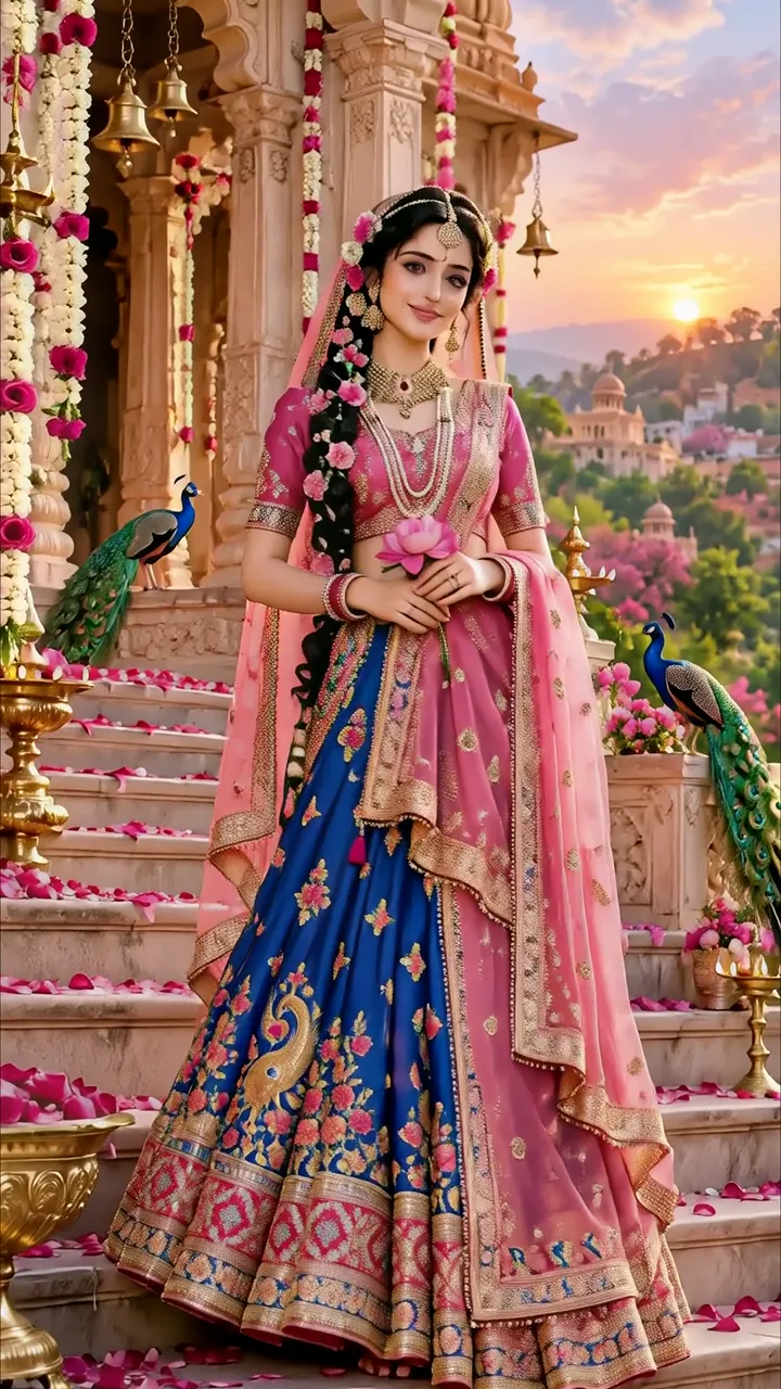 Pink And Blue Lehenga Bride With Peacocks At Sunset