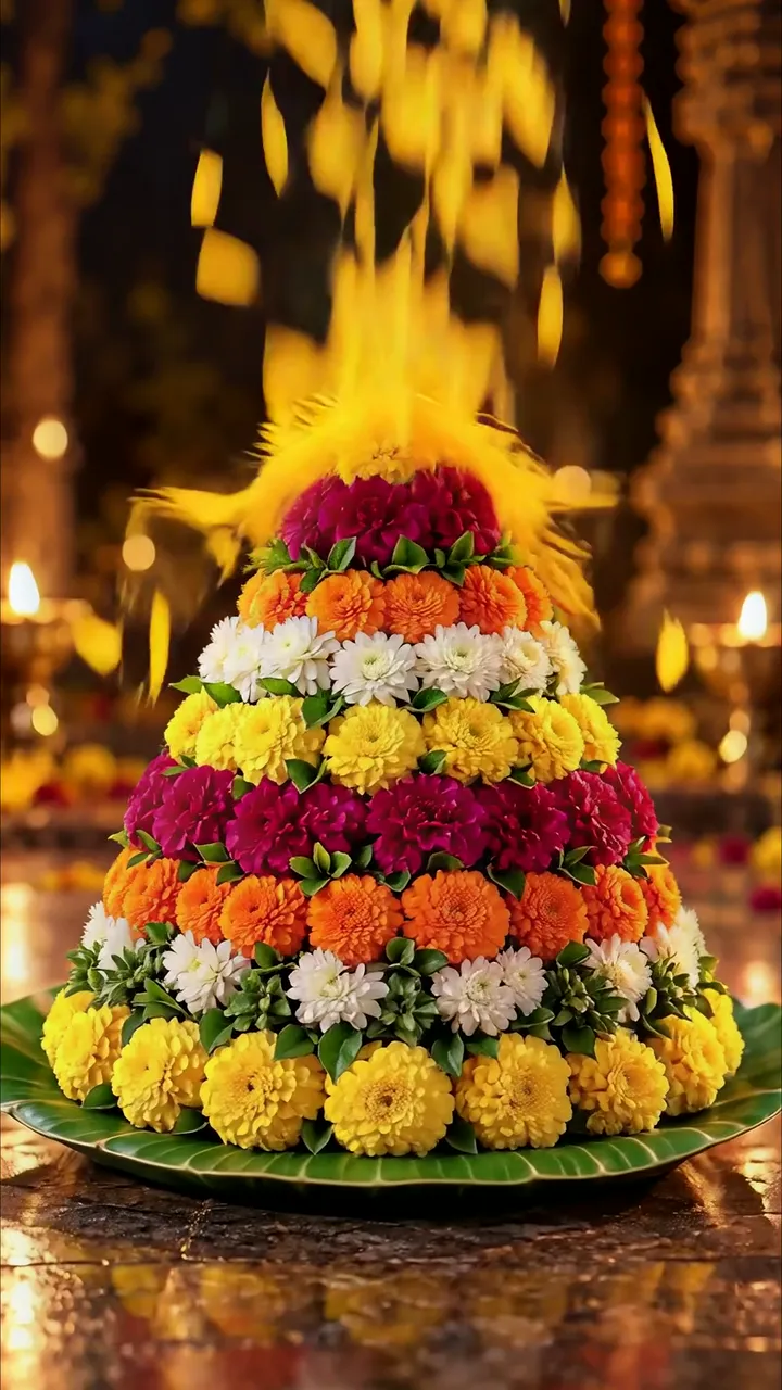 Floral Mandala Offering With Golden Fire And Temple Lights