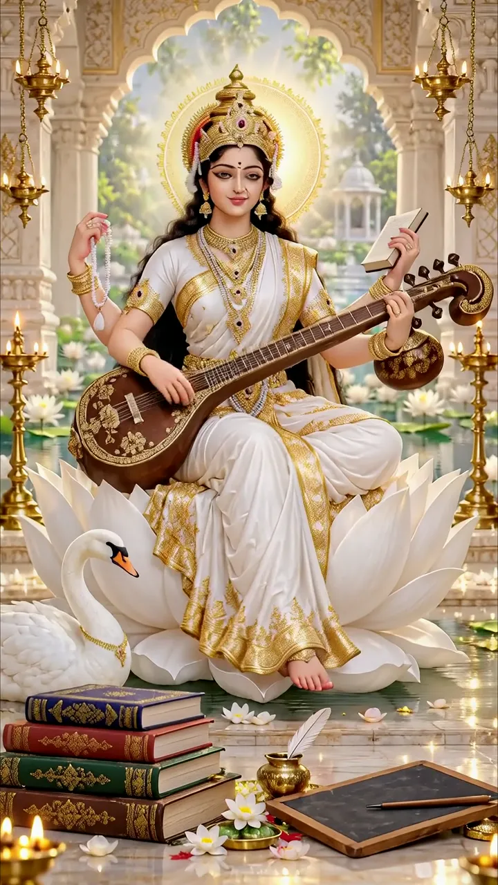 Saraswati Devi With Sitar And Swan In Lotus Temple Scene
