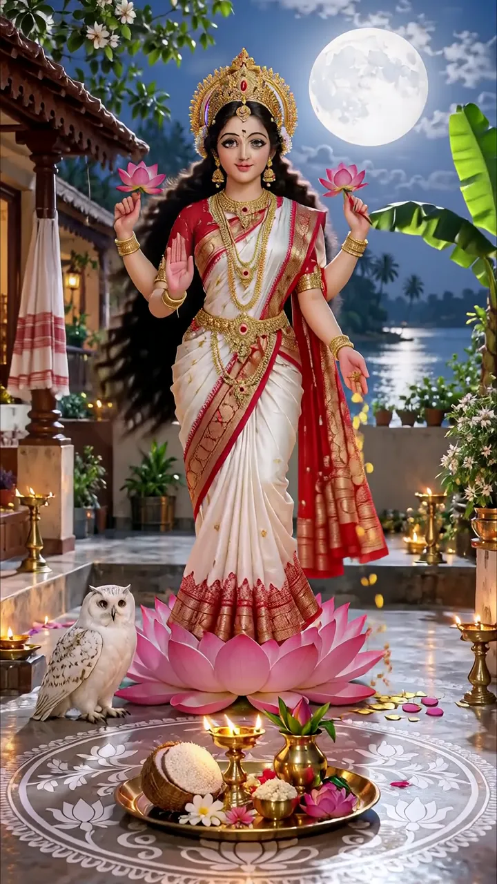 Lakshmi Devi Goddess With Lotus And Owl Moonlit Temple Scene