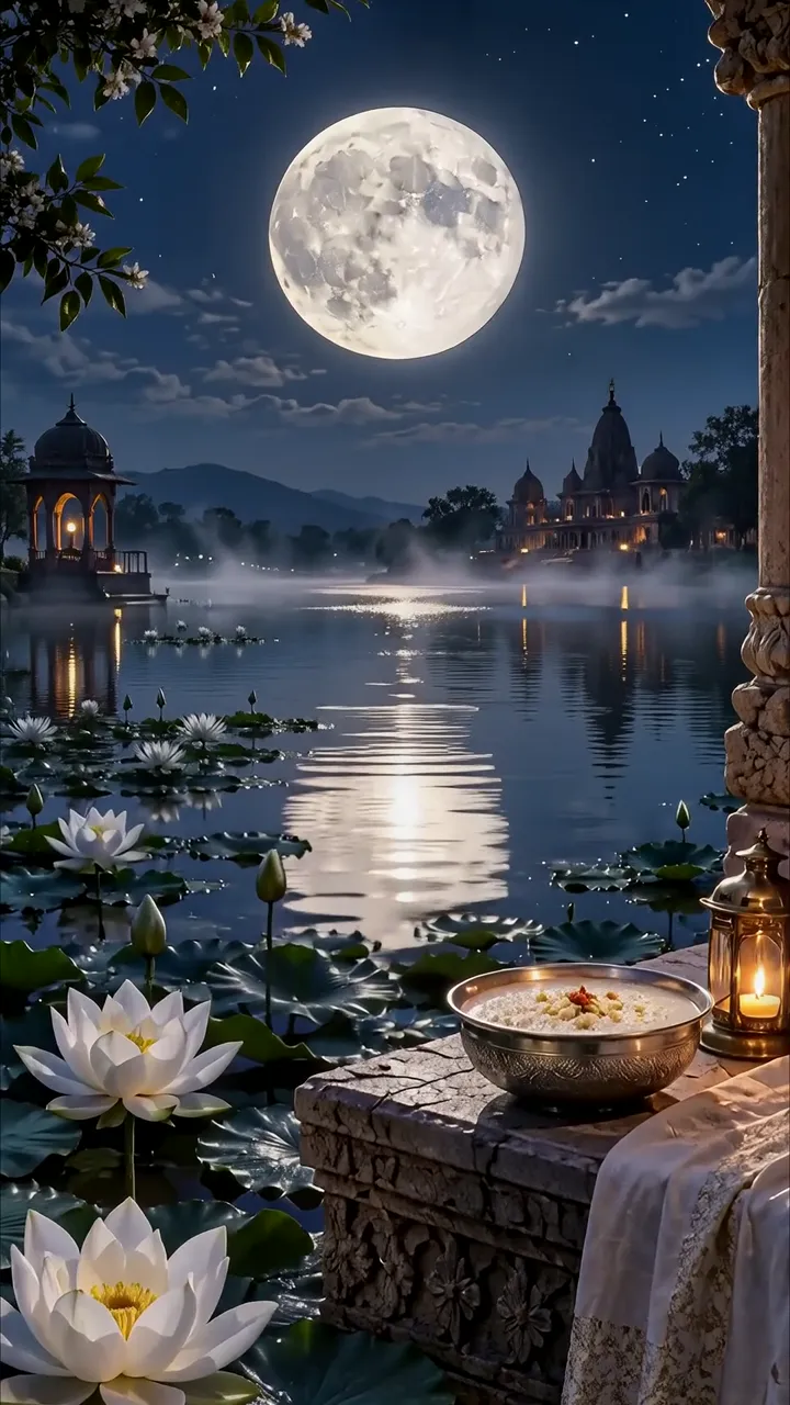 Moonlit Temple Reflection With Lotus And Sacred Bowl