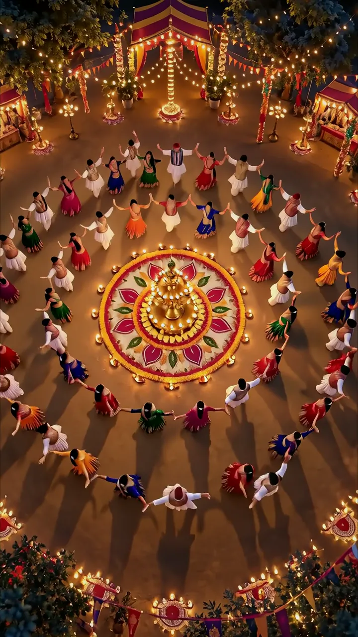 Dancers Celebrating Diwali Festival With Diya And Floral Rangoli