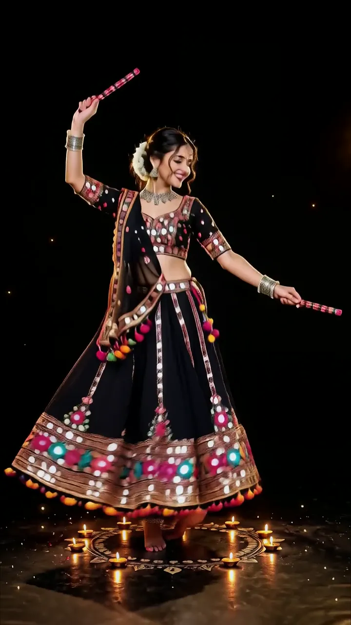 Traditional Indian Dance With Diwali Diya And Colorful Lehenga