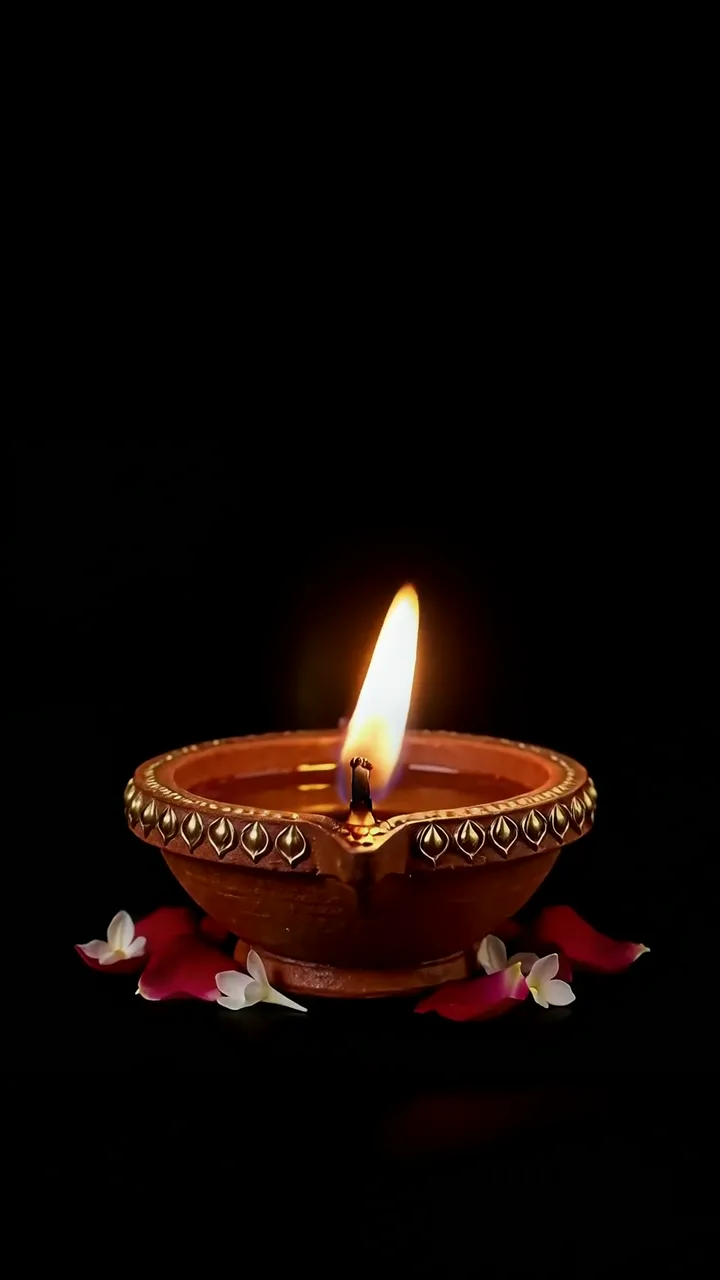 Diwali Clay Diya With Rose Petals And Warm Glow