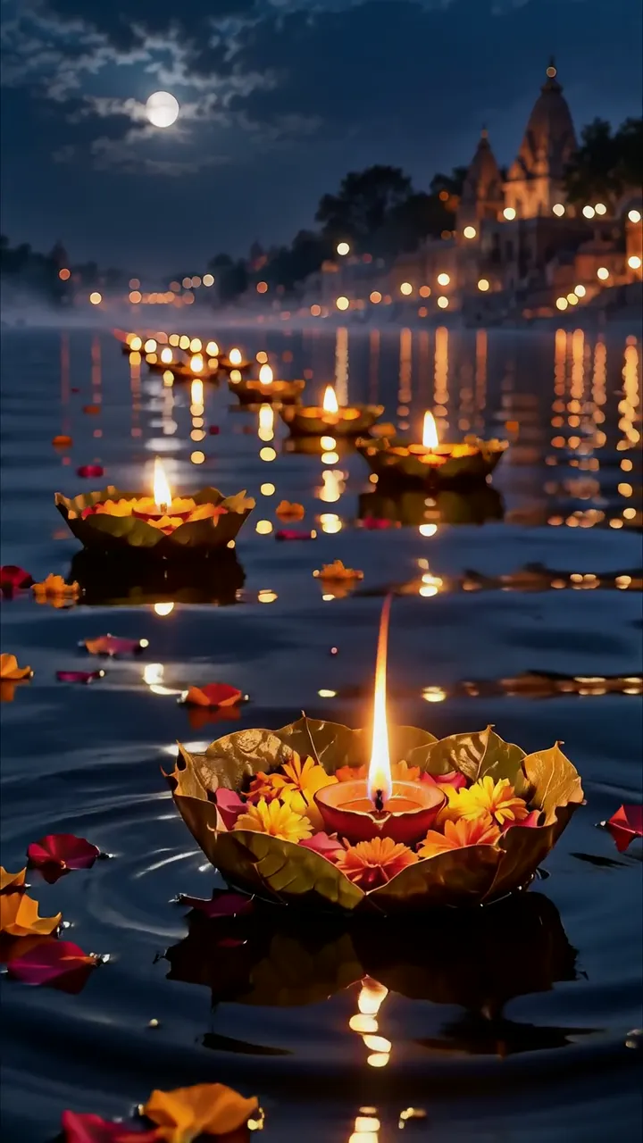 Diwali Night River Festival With Floating Oil Lamps And Full Moon