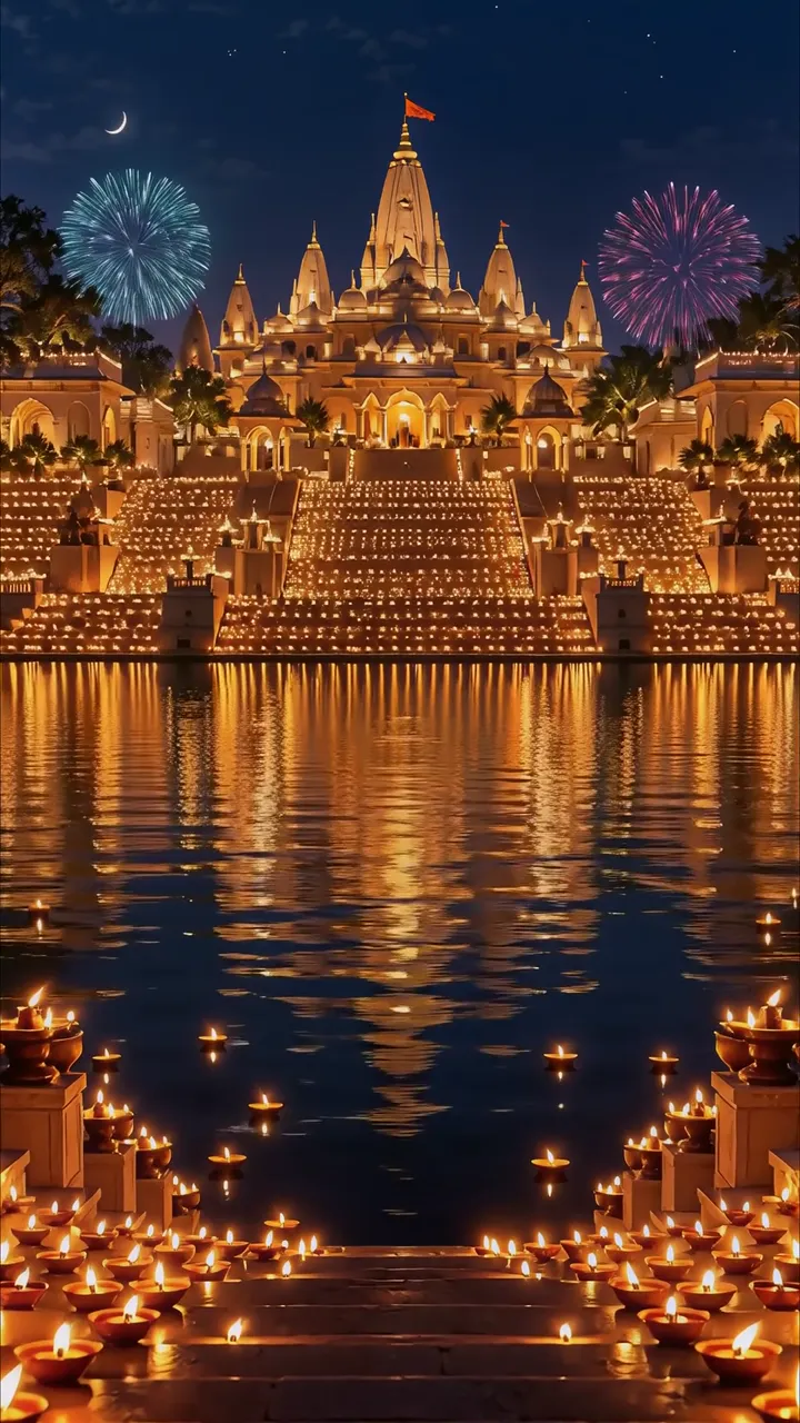 Grand Temple Festival Night With Fireworks And Floating Candles