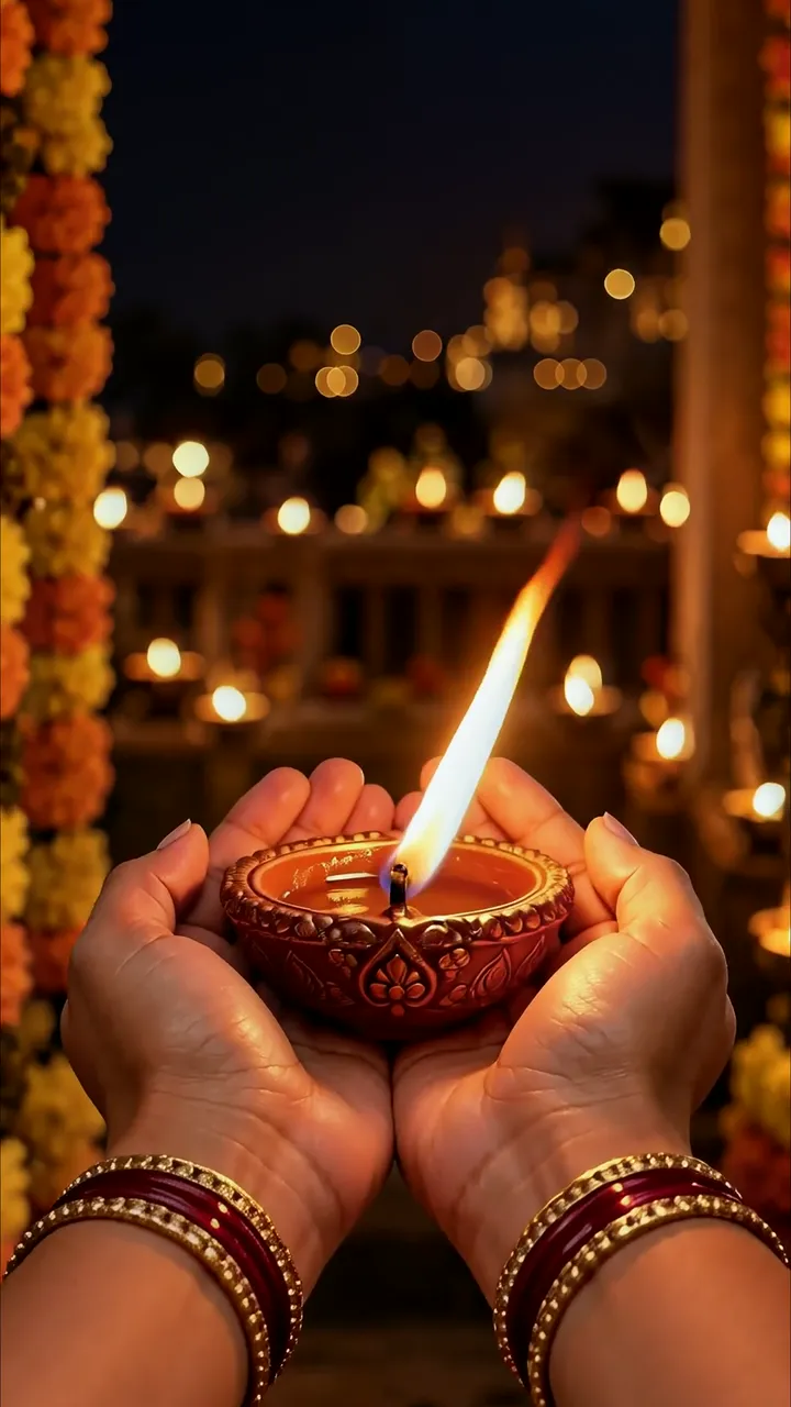 Hands Holding Diya Candle With Marigold Garland Diwali Night