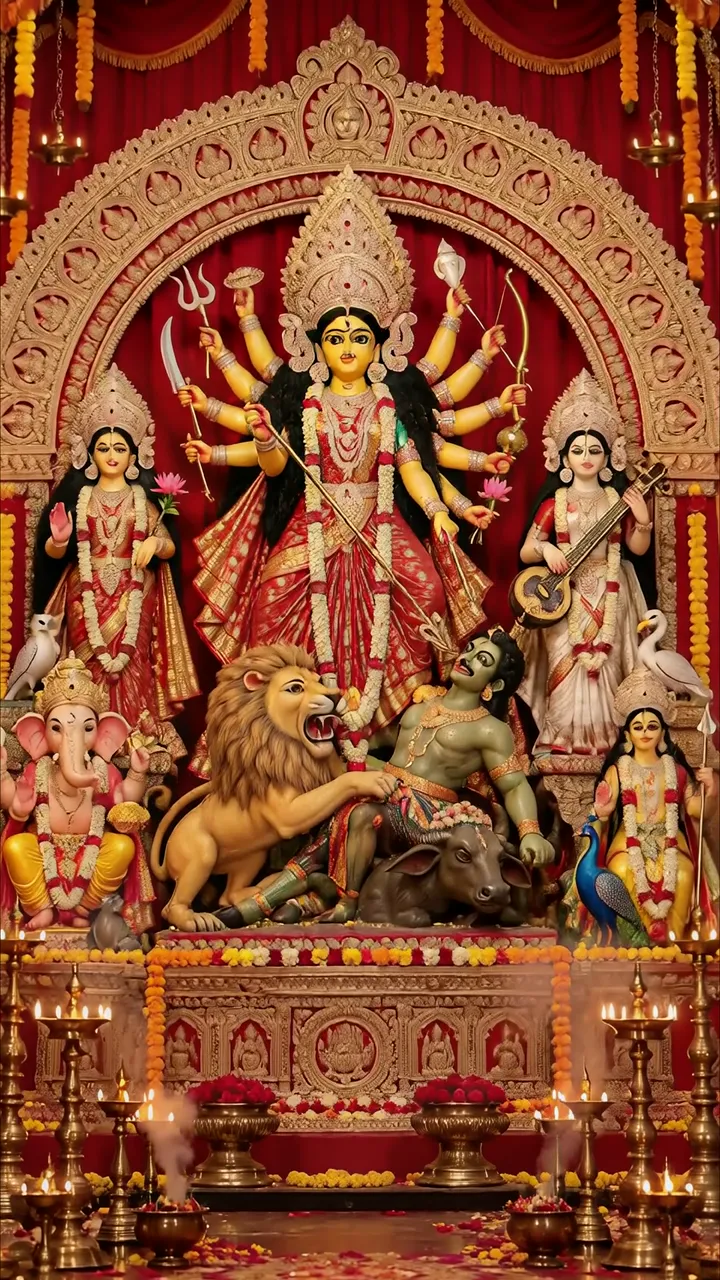 Durga Devi With Lion And Ganesha Divine Puja Scene