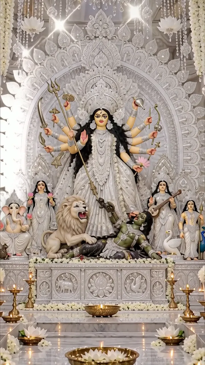 Durga Devi Silver Divine Temple Scene With Lion And Swan