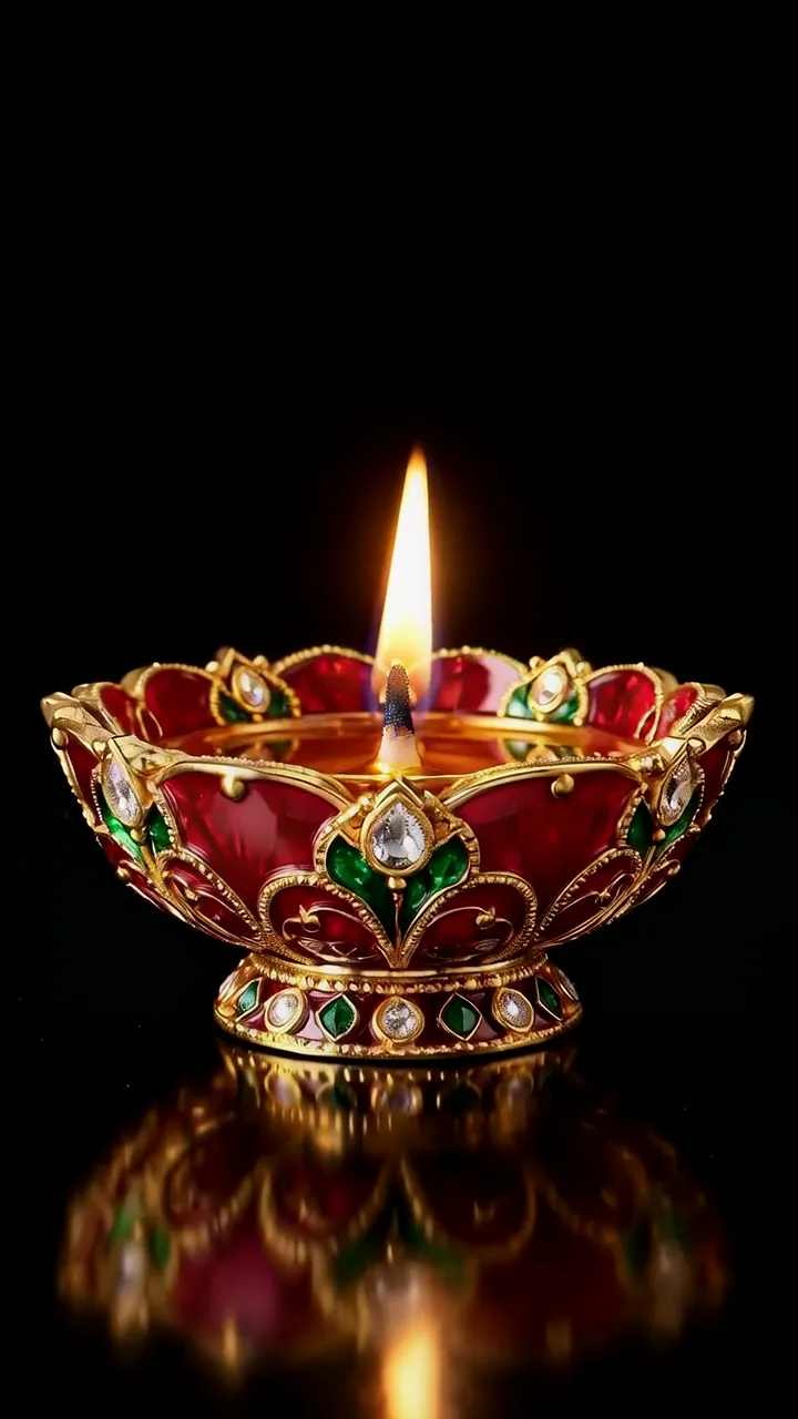 Glowing Diya With Red And Gold Lotus Design
