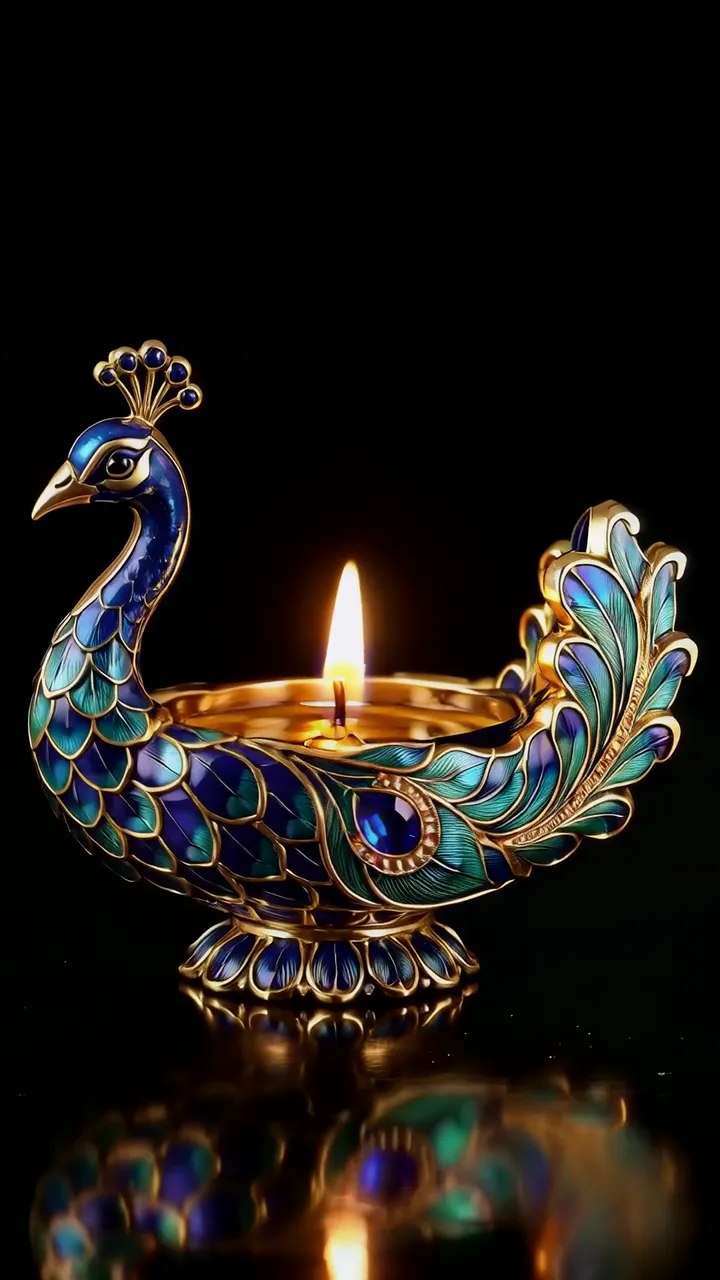 Peacock Diya Candle Holder With Blue And Gold Enamel