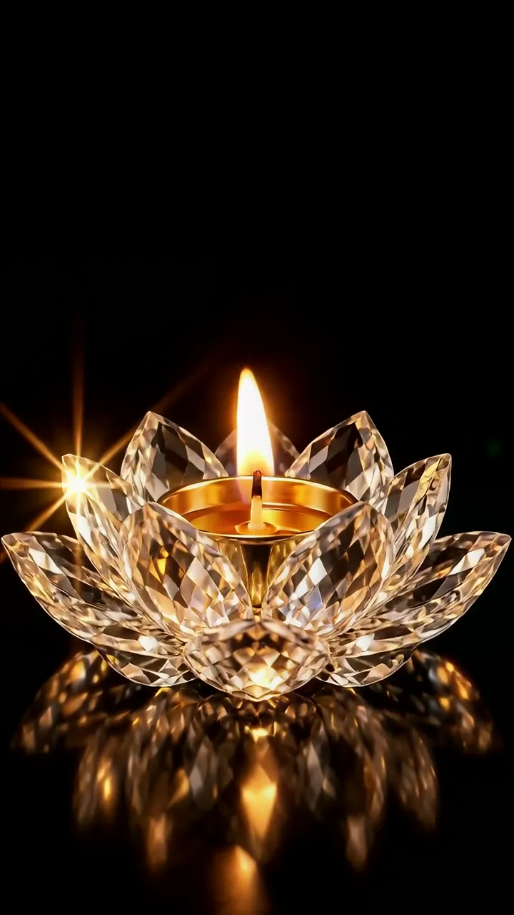Glowing Crystal Lotus Candle With Golden Flame