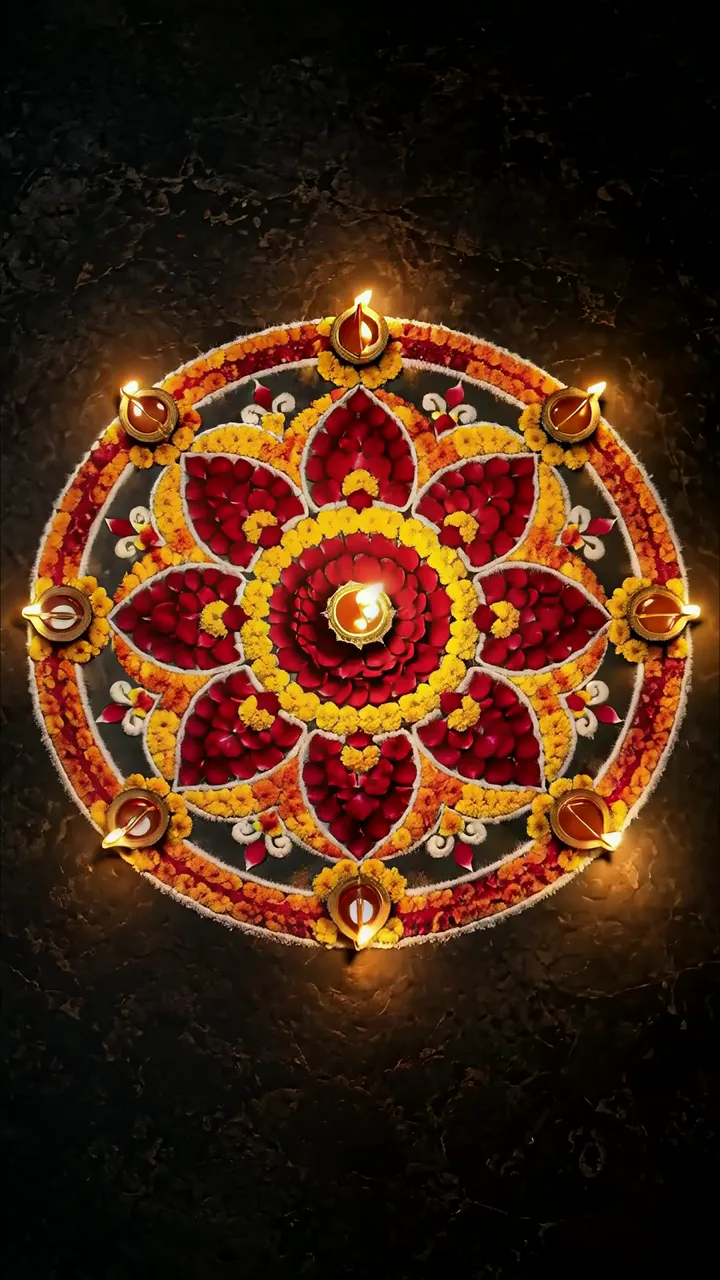 Diwali Rangoli With Red And Yellow Flower Petals And Lit Diyas