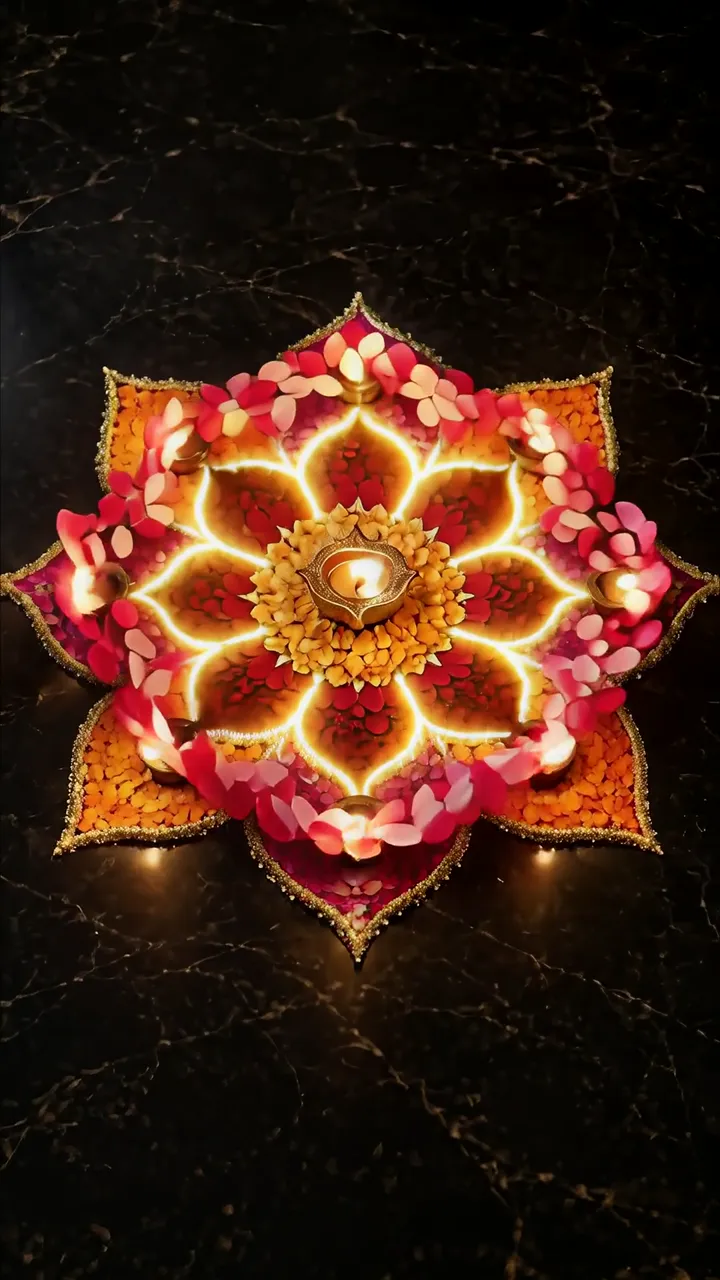 Glowing Diya Mandala With Red Petals And Golden Light