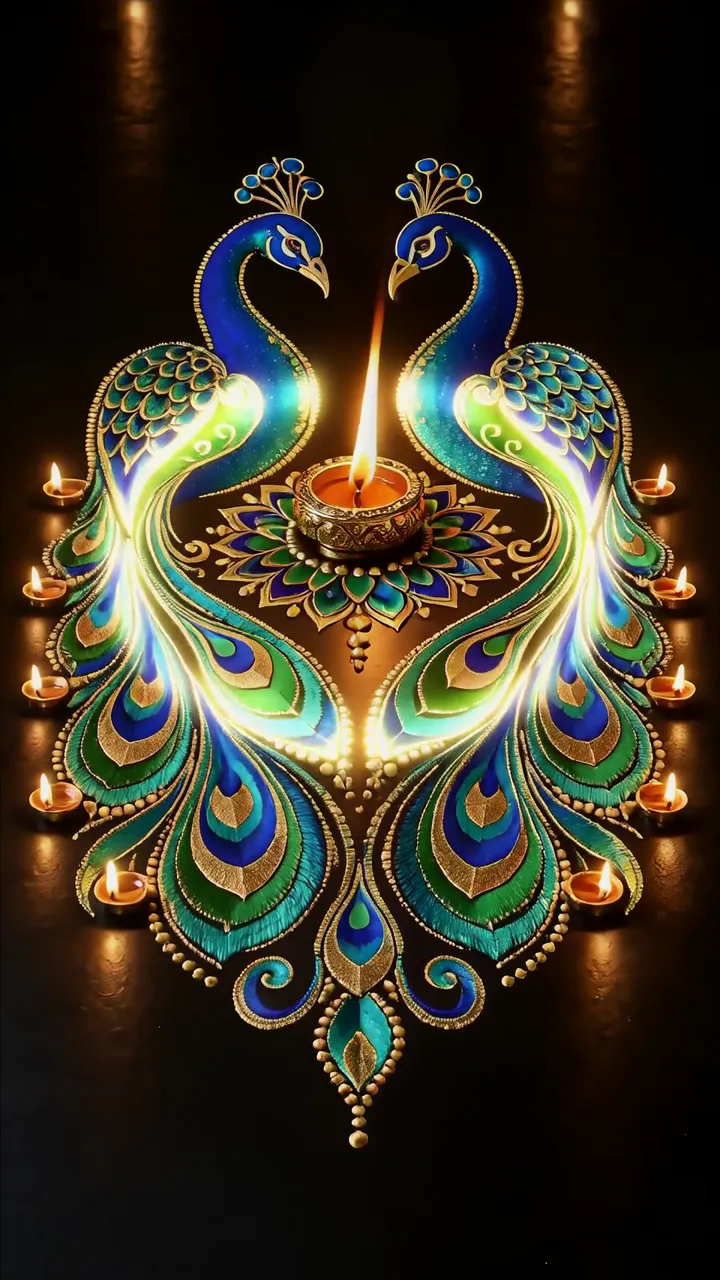 Glowing Peacock Mandala With Sacred Diya And Candlelight