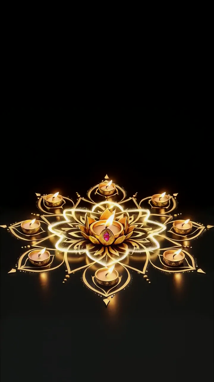 Golden Lotus Diya Mandala With Nine Candles Diwali