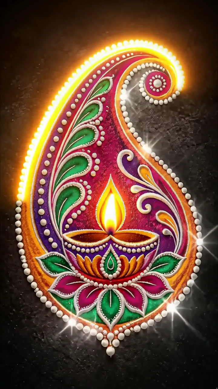 Glowing Diya Rangoli Paisley Design With Golden Light
